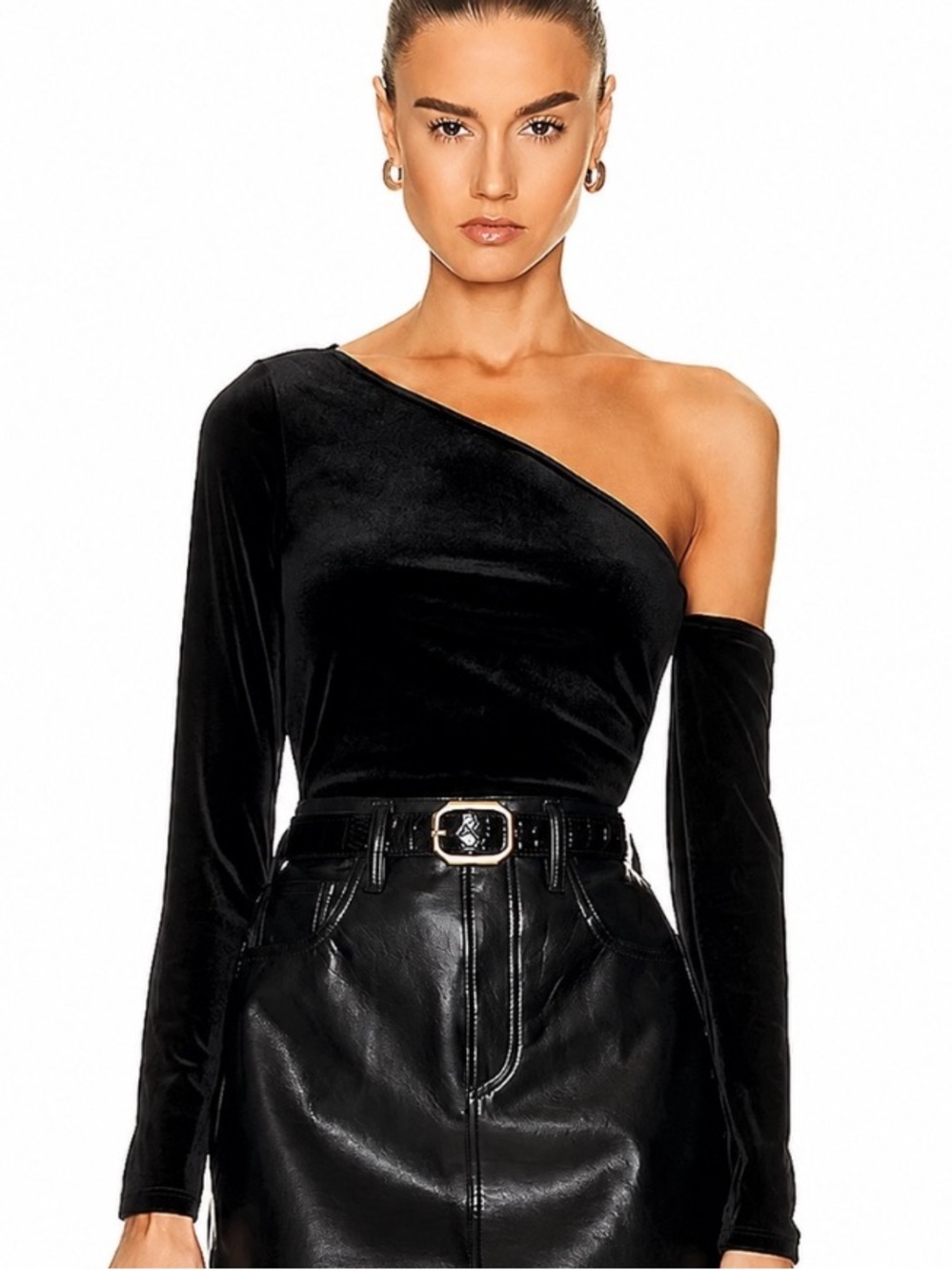 L'AGENCE Hattie Velvet Long Sleeve Off Shoulder Ruched Top Size Large Black